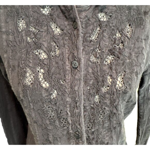 Free People dark Grey Long Sleeve Shirt Lace 100% cotton blouse collard sexy - Picture 12 of 13